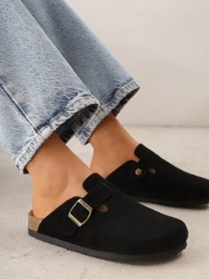 Czarne Klapki Typu Chodaki z Zamszu Naturalnego z Klamrą Meridnore ideal