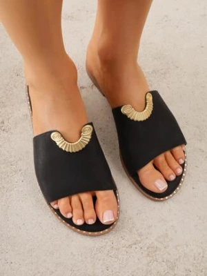 Czarne Klapki VICES z Biżuteryjnym Detalem w Kształcie Łuku Himemelle