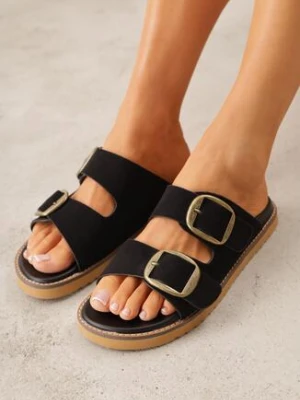 Czarne Klapki VICES z Dwoma Paskami i Metalicznymi Klamrami Kaliniassi