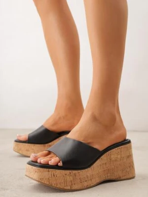 Czarne Klapki VICES z Kwadratowym Noskiem na Koturnie z Imitacji Korka Cordereida