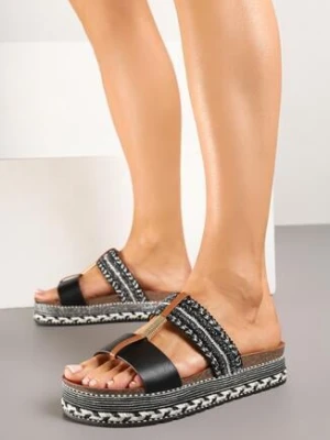 Czarne Klapki w Stylu Boho Zdobione Plecionką i Metaliczną Nicią Vileldi tulipano