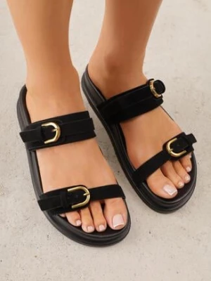 Czarne Klapki z Dwoma Paskami i Klamrami Cevinra mulanka