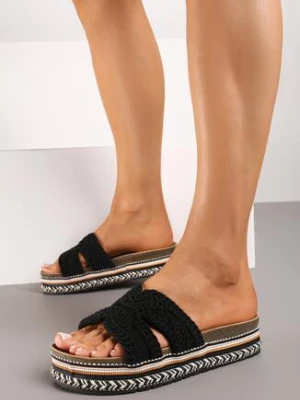 Czarne Klapki z Ekoskóry na Grubej Podeszwie Ozdobione Plecionką Ulloena