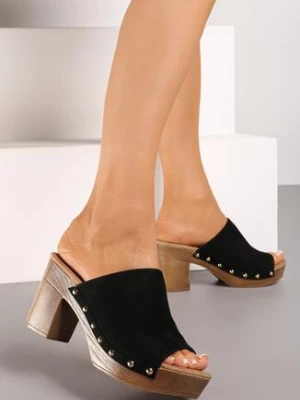 Czarne Klapki z Ekoskóry na Słupkowym Obcasie i Platformie Iridlea