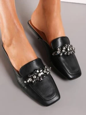 Czarne Klapki z Kwadratowym Noskiem i Kryształami Nainthea