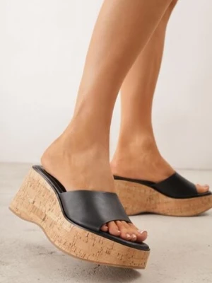 Czarne Klapki z Kwadratowym Noskiem VICES na Koturnie z Fakturą Korka Kahliliana