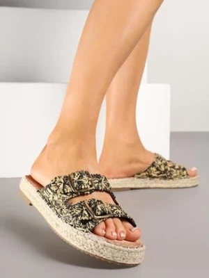 Czarno-Beżowe Klapki z Plecionką ze Sznurka Szydełkowymi Paskami i Klamrami Pilanne ideal