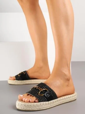 Czarne Klapki z Plecionki Zdobione Metaliczną Klamrą Idamira super mode