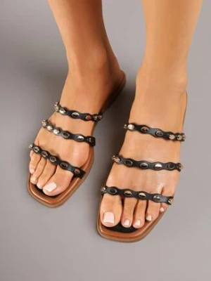 Czarne Klapki z Trzema Paskami i Metalicznymi Ozdobami Lilritis c'm paris