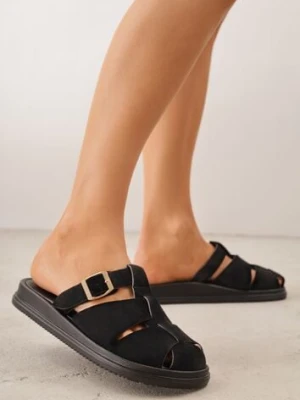 Czarne Klapki z Zakrytym Noskiem i Ozdobnymi Paskami z Klamerką Themine mulanka