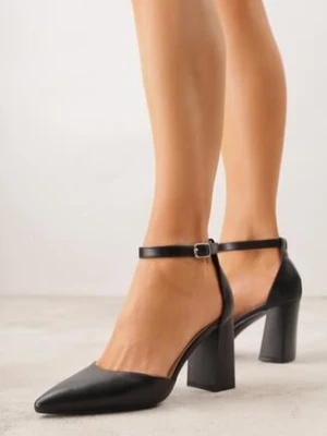 Czarne Klasyczne Czółenka na Słupku z Noskiem w Szpic i Paskiem Tenoris