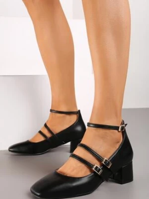 Czarne Klasyczne Czółenka z Kwadratowym Noskiem i Ozdobnymi Paskami Gregelia