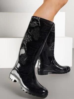 Czarne Klasyczne Kalosze Zdobione Roślinnym Printem Qurene bellamila