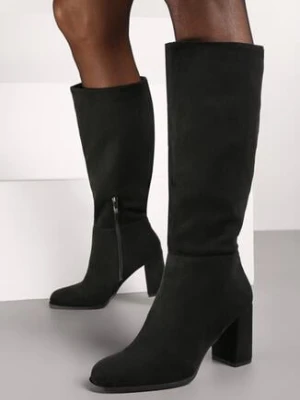 Czarne Klasyczne Kozaki na Słupku z Imitacji Zamszu Sagicea