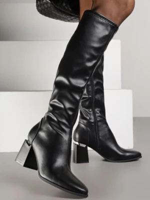 Czarne Klasyczne Kozaki VICES na Słupkowym Obcasie z Metaliczną Aplikacją Rannora