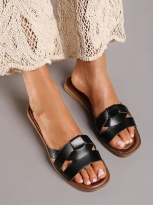 Czarne Klasyczne Skórzane Klapki na Płaskiej Podeszwie Dimittra