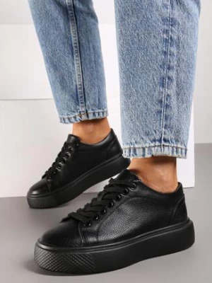 Czarne Klasyczne Sznurowane Sneakersy na Grubej Podeszwie Teralla