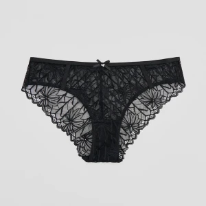 Czarne koronkowe figi z kokardką i srebrnym detalem House