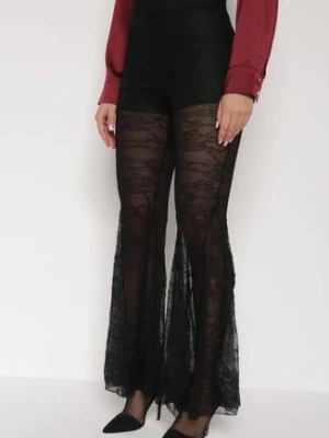 Czarne Koronkowe Spodnie Dzwony z Wysokim Stanem Solifera