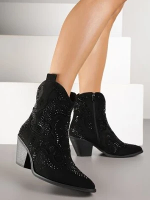 Czarne Kowbojki Botki Ozdobione Cyrkoniami na Stożkowym Słupku Tulmira super mode
