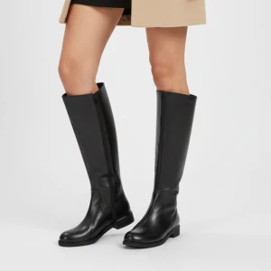 Kozaki damskie Armodo, wysoka cholewka ze skóry naturalnej na zamek na płaskim obcasie, czarne, 70150-S