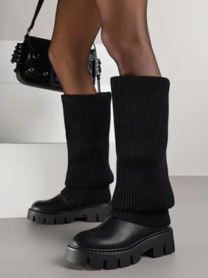 Czarne Kozaki Chunky z Dzianinową Cholewką Imitującą Nogawkę Fenema ideal