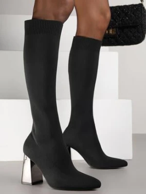 Czarne Kozaki do Kolana VICES ze Skarpetkową Cholewką i Metalicznym Słupkiem Reallesa