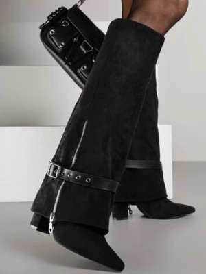 Czarne Kozaki Kowbojki na Słupku Ozdobione Klamrą i Wywiniętą Cholewką Unalasa ideal