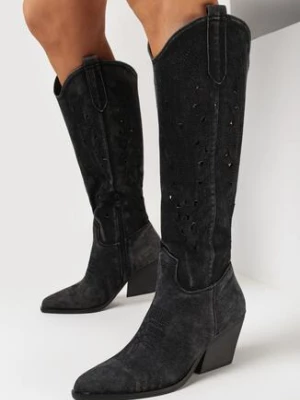 Czarne Kozaki Kowbojki na Słupku z Ażurowym Zdobieniem Getoa