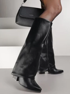 Czarne Kozaki Kowbojki na Stożkowym Obcasie Ozdobione Wywiniętą Cholewką Nalunisa ideal