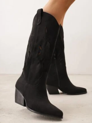 Czarne Kozaki Kowbojki na Stożkowym Obcasie z Ażurową Cholewką Tidanna tulipano