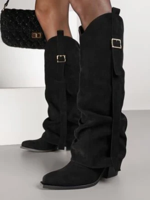 Czarne Kozaki Kowbojki na Stożkowym Obcasie z Wywiniętą Cholewką i Klamrą Naletea ideal