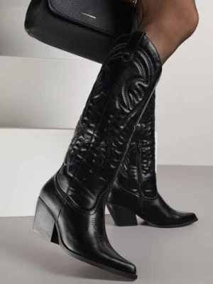 Czarne Kozaki Kowbojki na Stożkowym Obcasie Zdobione Przeszyciami Lumifera