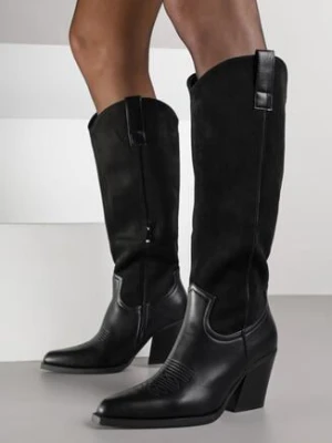 Czarne Kozaki Kowbojki na Stożku z Cholewką z Łączonych Materiałów Aveleria marquiiz