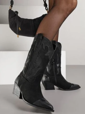 Czarne Kozaki Kowbojki na Stożku z Tłoczoną Cholewką Avrenne