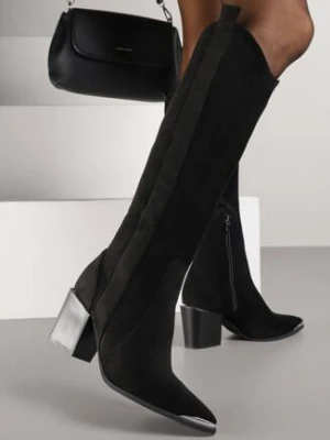 Czarne Kozaki Kowbojki z Imitacji Zamszu na Słupku z Metalicznym Noskiem Freija