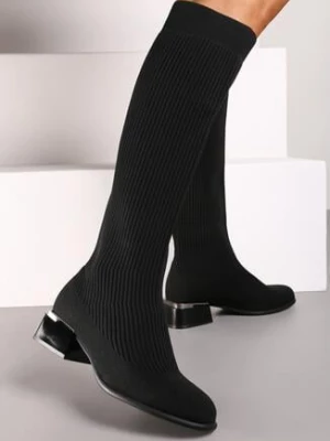 Czarne Kozaki Muszkieterki na Obcasie z Metaliczną Wstawką i Skarpetową Cholewką Lerelise