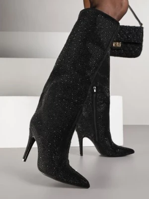 Czarne Kozaki Muszkieterki na Szpilce Ozdobione Cyrkoniami Naladea ideal