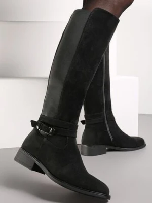 Czarne Kozaki Muszkieterki z Elastyczną Wstawką i Klamerką Wambra