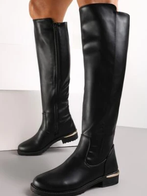 Czarne Kozaki Muszkieterki z Metaliczną Wstawką na Płaskim Obcasie Sasau