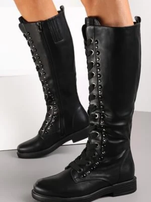 Czarne Kozaki Muszkieterki ze Sznurowaniem Kame