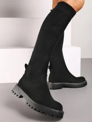 Czarne Kozaki na Grubej Podeszwie z Elastyczną Cholewką i Cyrkoniami Lerivelle