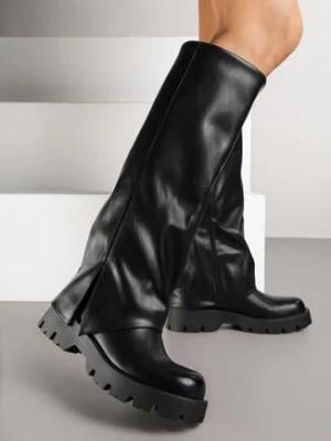 Czarne Kozaki na Grubej Podeszwie z Wywiniętą Cholewką Palamme ideal