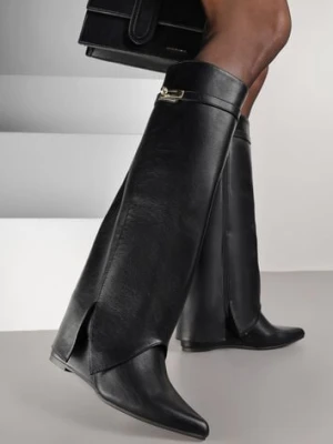 Czarne Kozaki na Koturnie z Cholewką Imitującą Nogawkę z Aplikacją Testarria tulipano