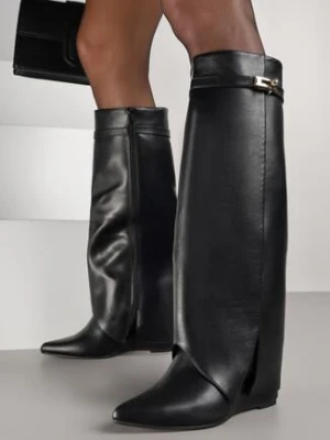 Czarne Kozaki na Koturnie z Wywiniętą Cholewką z Klamerką Arirass tulipano