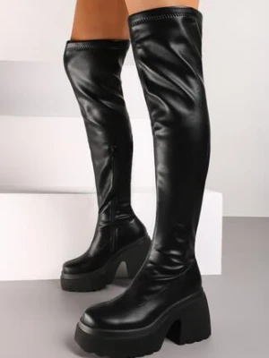 Czarne Kozaki na Obcasie i Platformie za Kolano z Dopasowaną Cholewką Feniefra