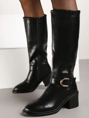 Czarne Kozaki na Obcasie Ozdobione Paskiem z Klamrą Mialen