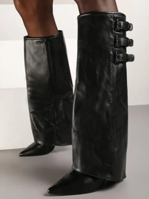 Czarne Kozaki na Obcasie Ozdobione Wywiniętą Cholewką z Paskami i Klamrami Liennia