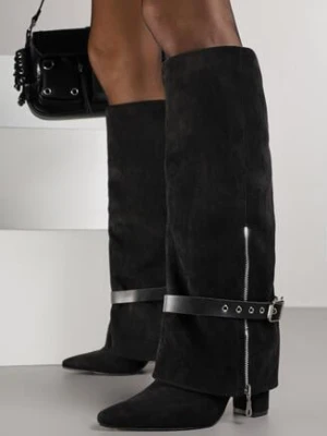 Czarne Kozaki na Obcasie Typu Kowbojki z Wywiniętą Cholewką i Paskiem z Klamrą Uninela ideal