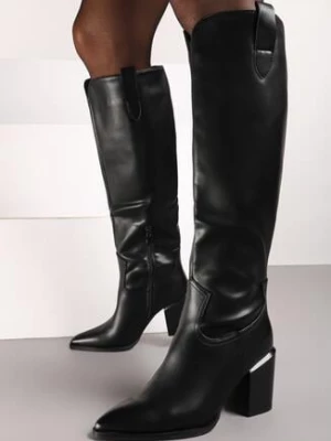 Czarne Kozaki na Obcasie z Metaliczną Aplikacją Rielva